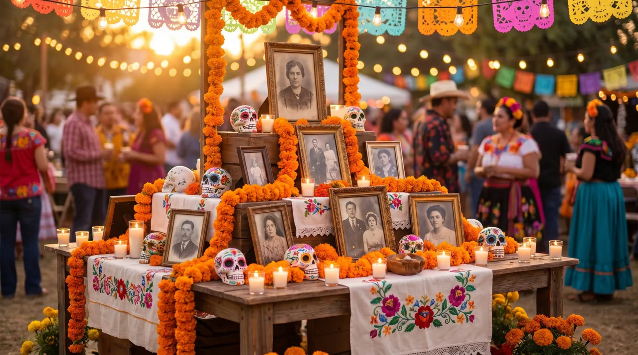 Decorated Day of the Dead ofrenda altar with marigolds, candles, and sugar skulls