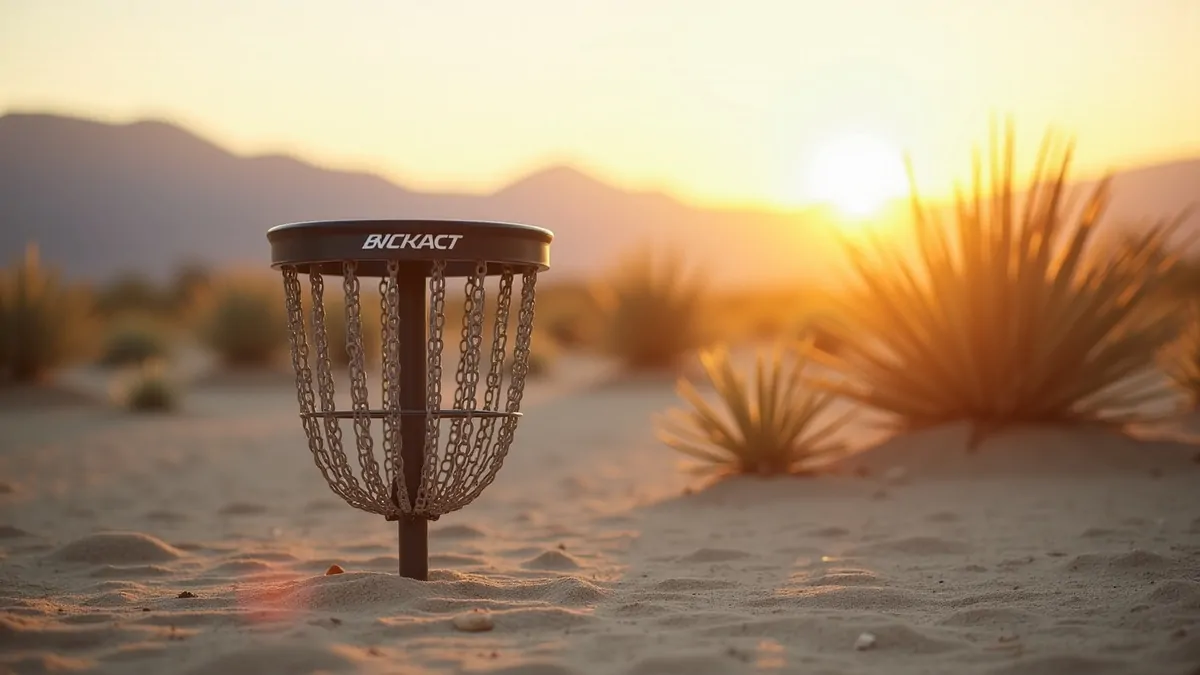 Disc golf basket on sandy ground in the Las Vegas desert.