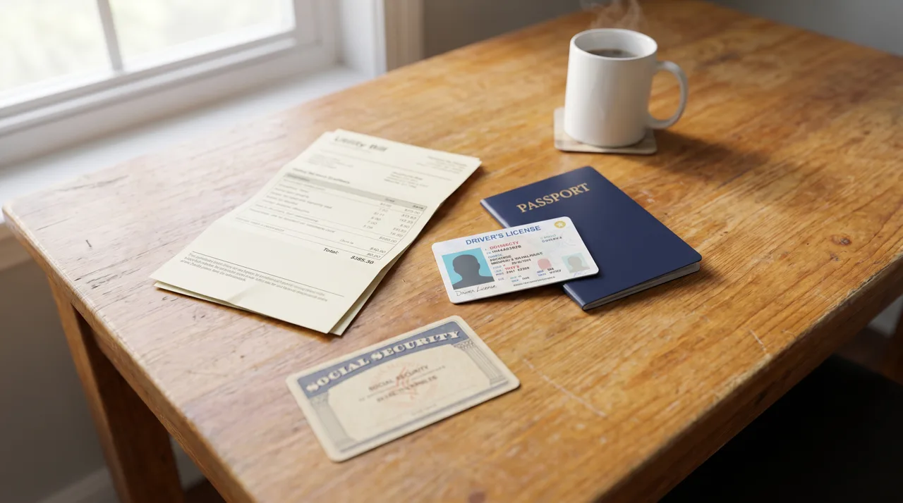 Flat lay of identification documents and a driver's license on a wooden desk with a coffee cup
