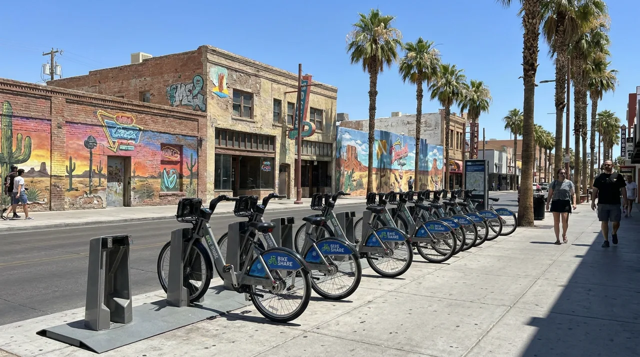 Public bike share station with several bicycles docked along a Downtown Las Vegas Arts District sidewalk