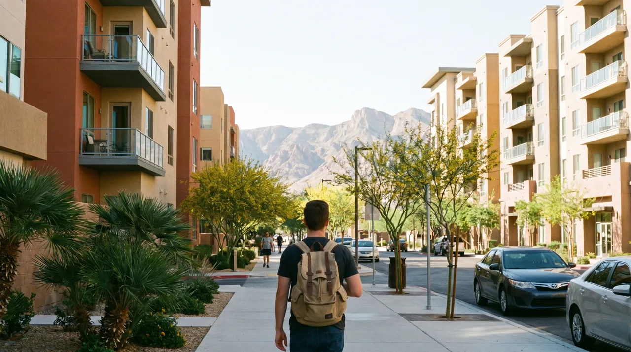 Young adult walking on a sidewalk beside modern mid-rise condominium buildings in Las Vegas