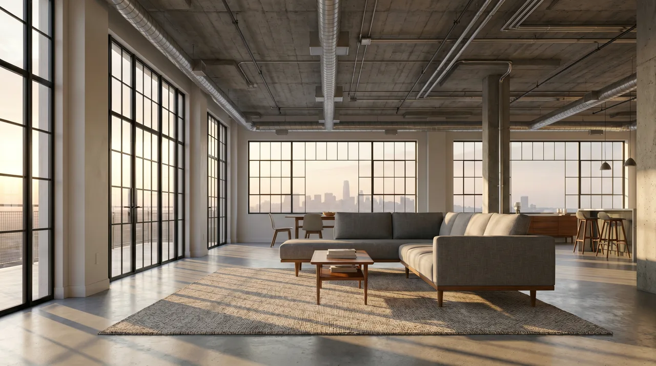 Interior of a modern downtown Las Vegas loft condo with exposed concrete ceiling, industrial windows and city views