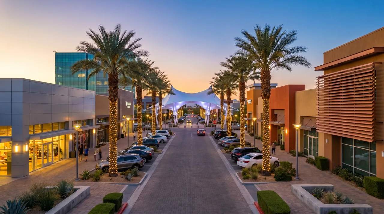 Downtown Summerlin outdoor shopping and dining district with palm trees and pedestrian walkways
