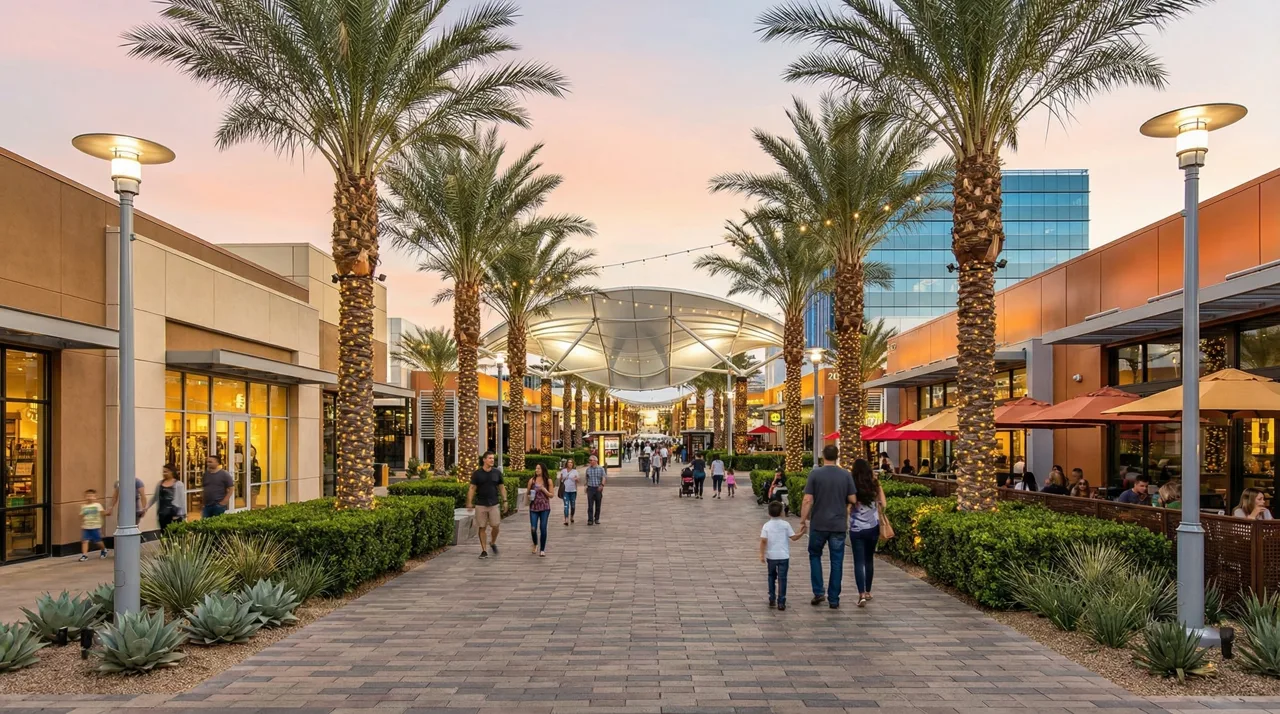 Downtown Summerlin outdoor shopping and dining promenade with mountain views in Las Vegas