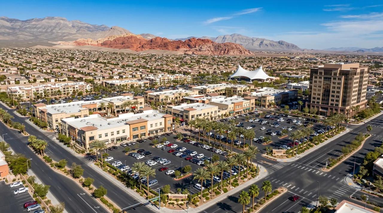 Aerial view of Downtown Summerlin shopping district and the surrounding master-planned neighborhoods