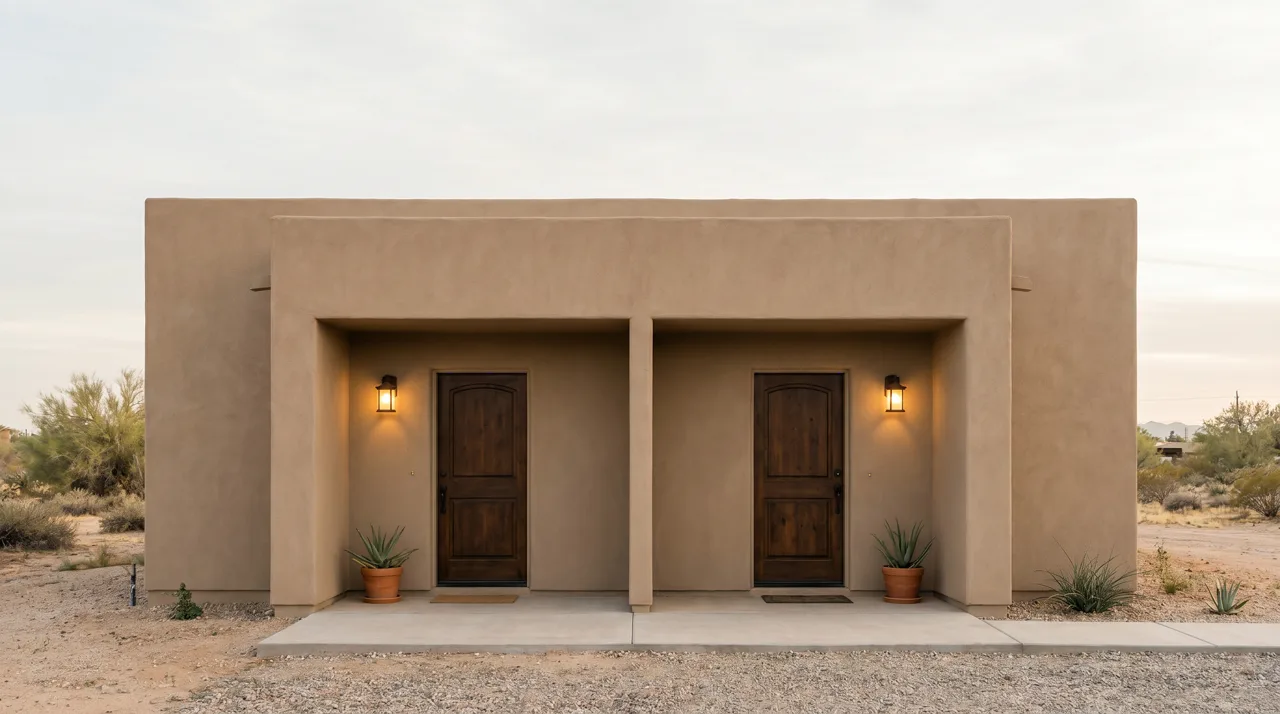 Two side-by-side front doors of a residential duplex showing the two separate units