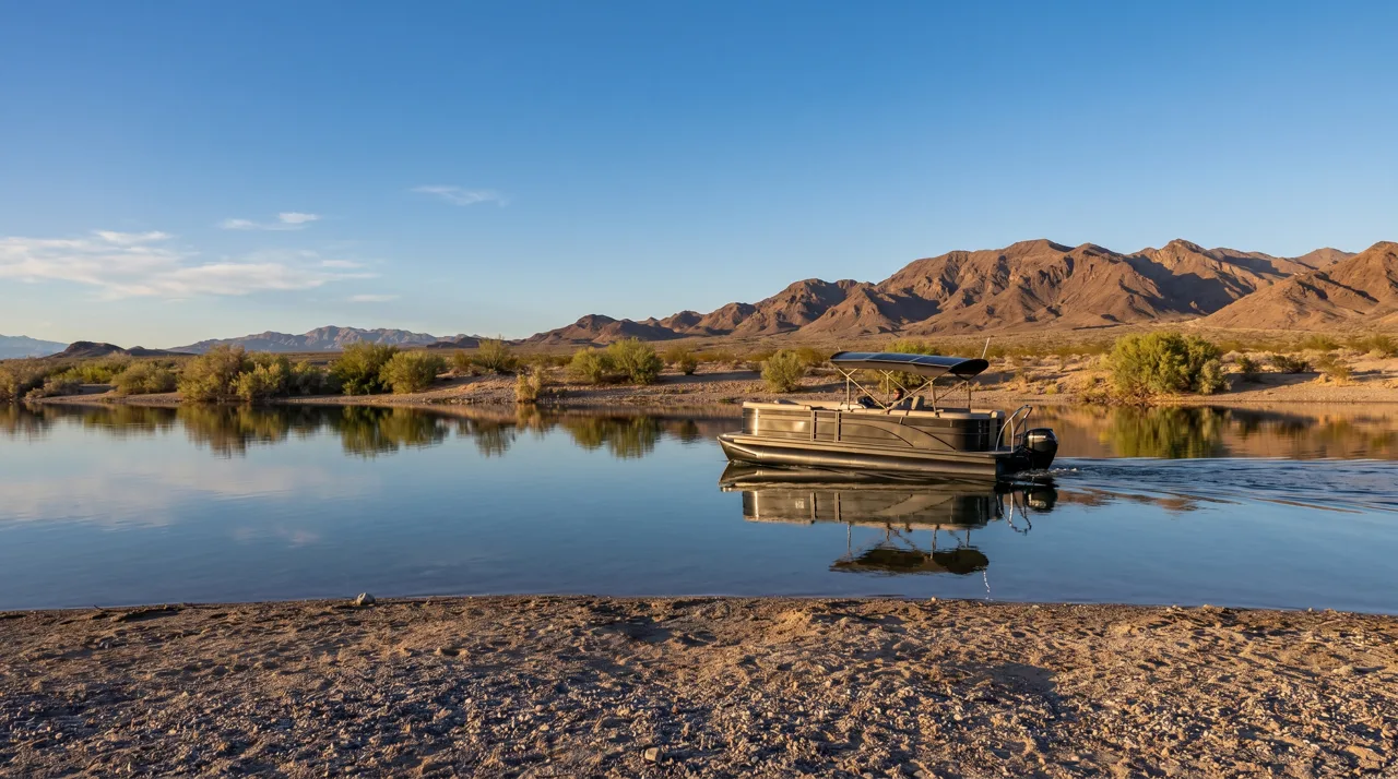 Single modern electric pontoon boat cruising on a calm desert lake in afternoon light