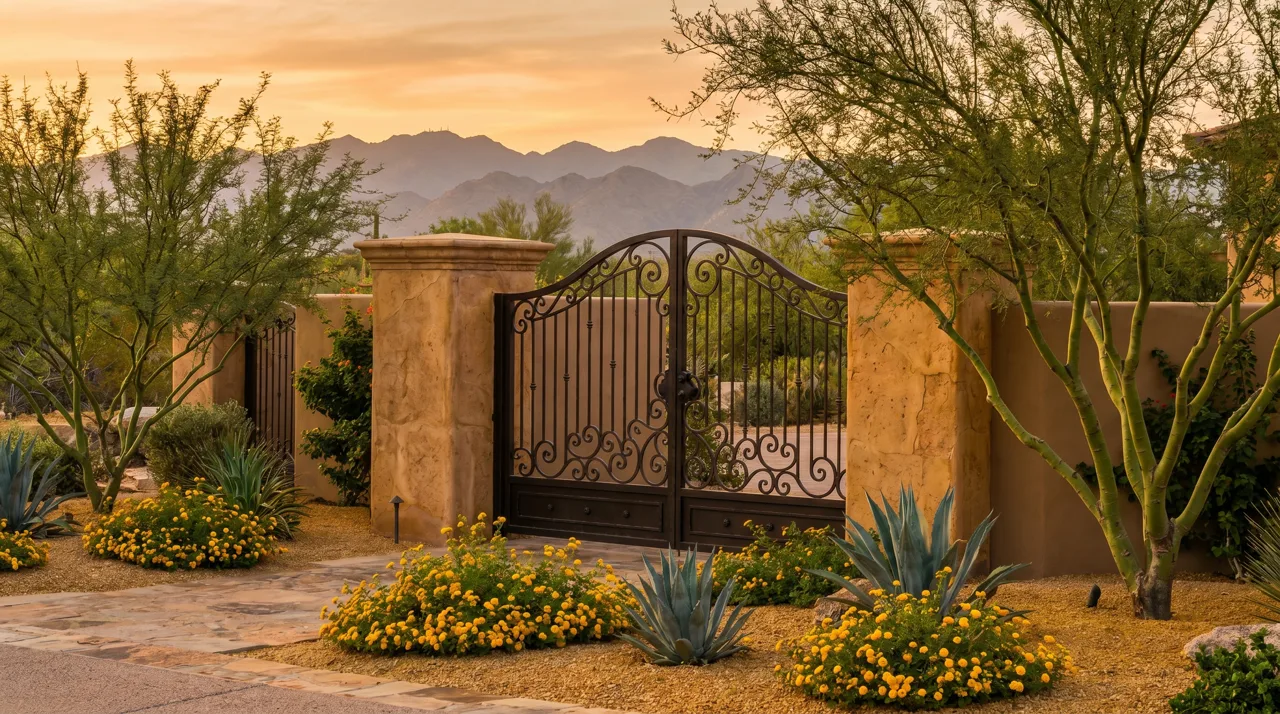 Elegant wrought-iron entrance gate to a Las Vegas luxury desert community with soft afternoon light