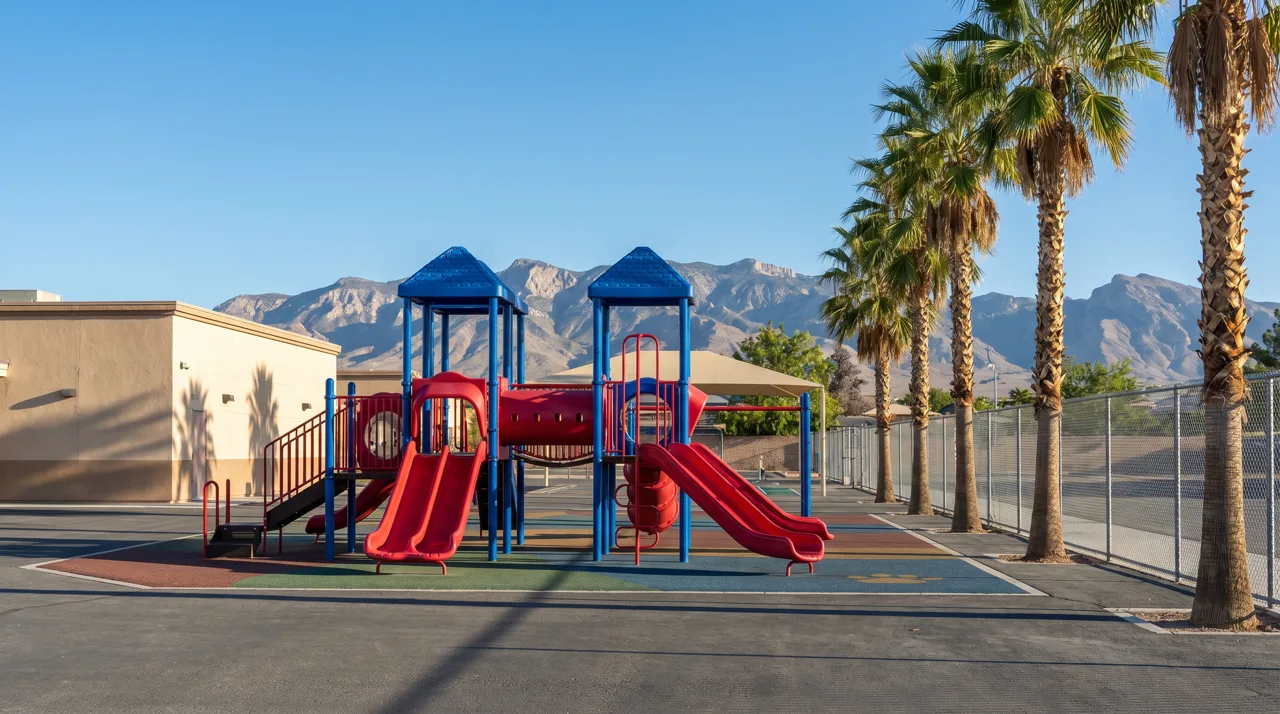 Elementary school playground with palm trees and the Spring Mountains in the distance in a Las Vegas suburb