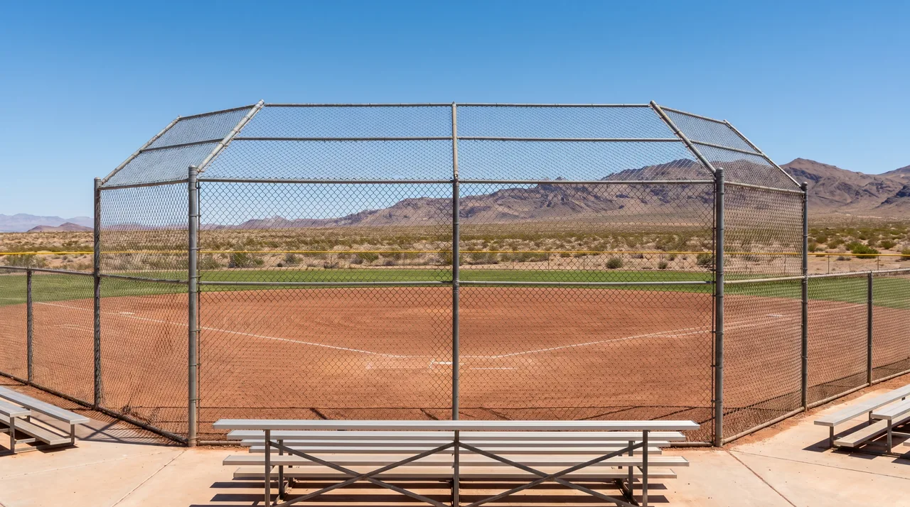 Empty community baseball field in the Las Vegas desert under bright afternoon sun