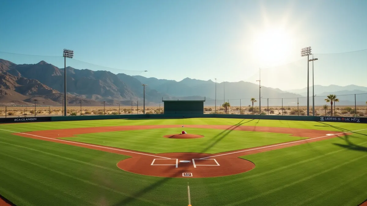 Empty desert baseball field under the afternoon sun.