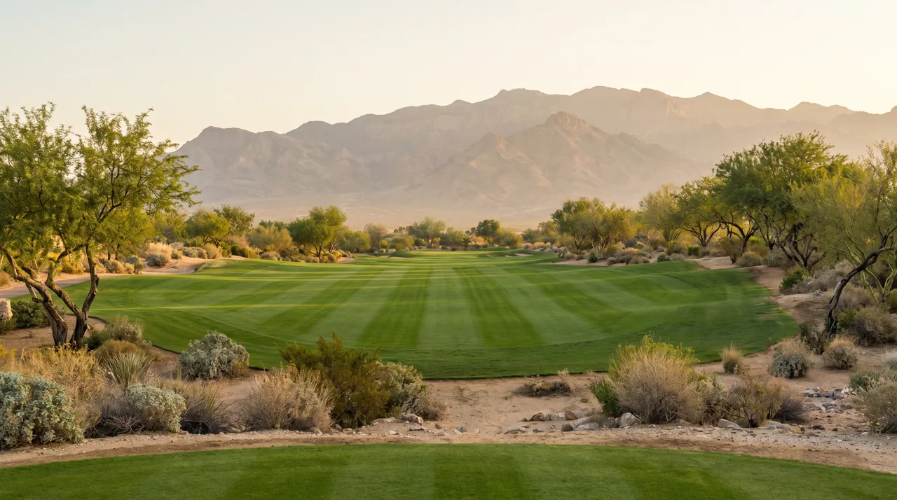 Empty manicured green golf fairway on a desert course in early morning light