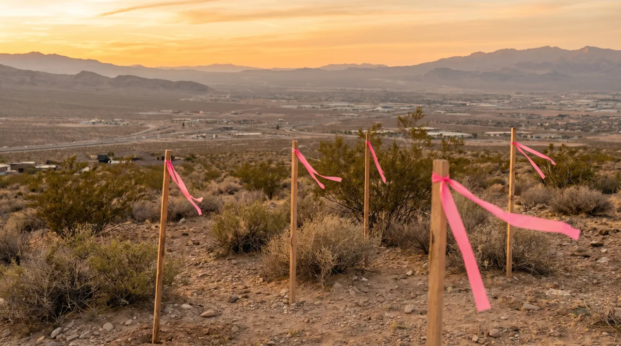 Empty desert hillside lot with surveyor stakes overlooking the Las Vegas valley