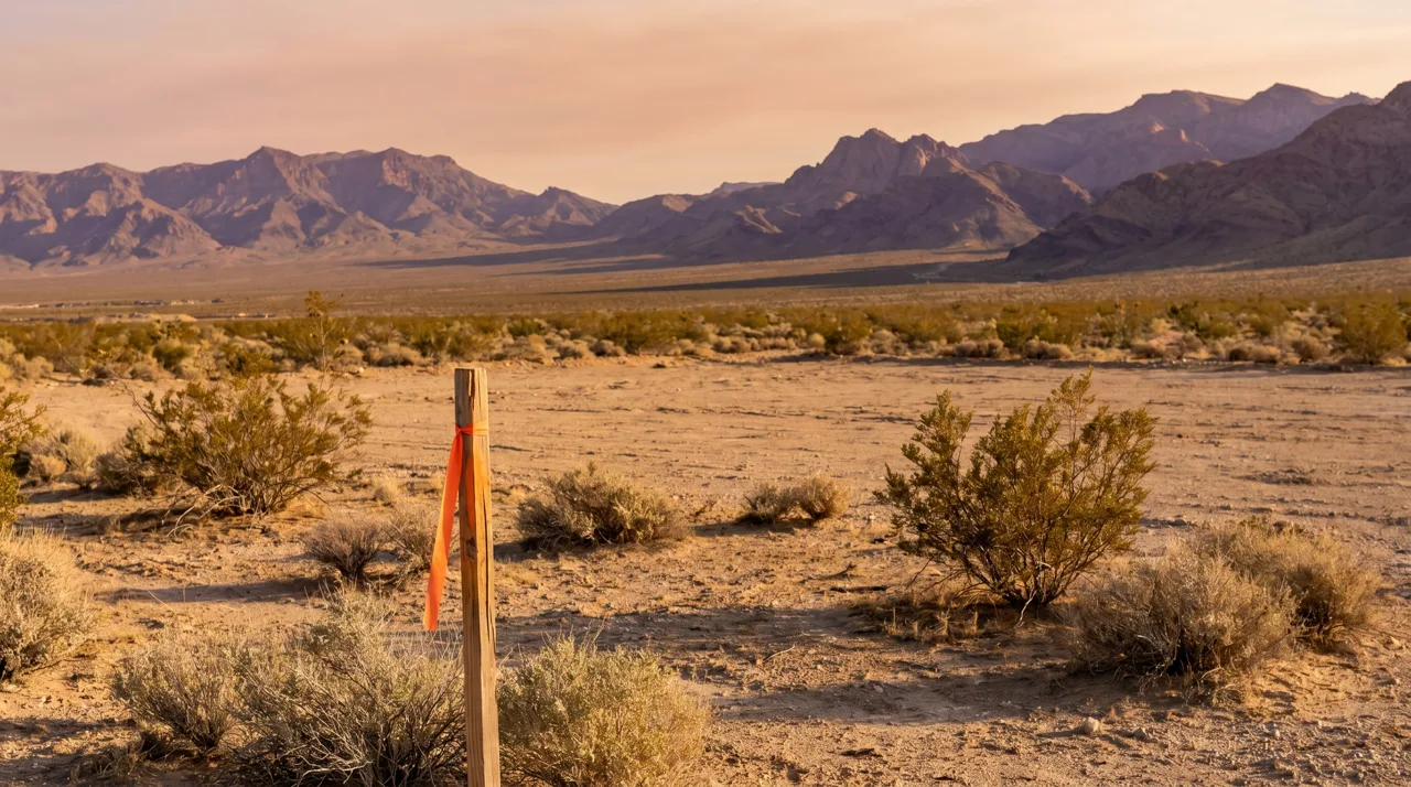 Empty desert homesite lot near Las Vegas with mountain views in warm afternoon light