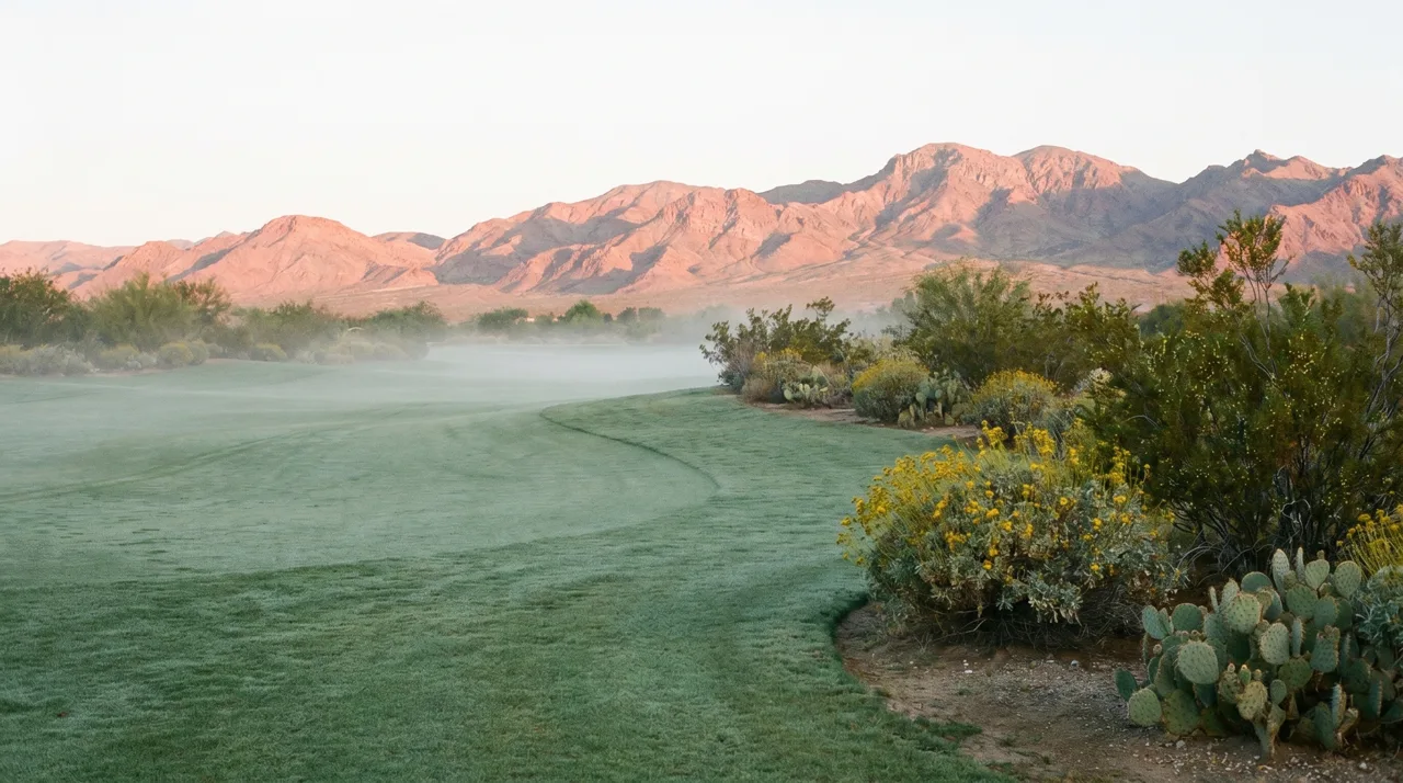 Empty golf fairway bordered by desert plants with mountains at sunrise in Las Vegas