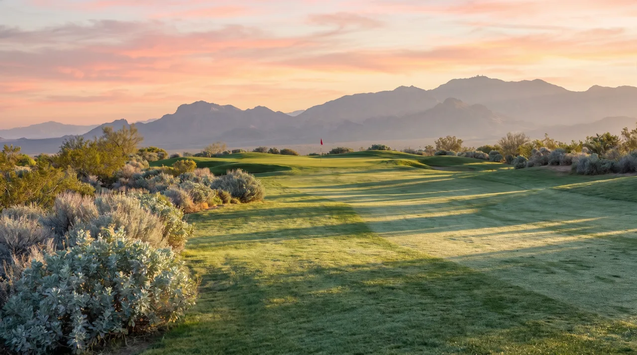 Empty manicured fairway with a flag on the green at sunrise in a desert golf course
