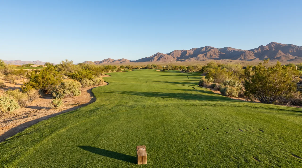 Wide manicured golf fairway in the Las Vegas desert with mountains in the background under morning light