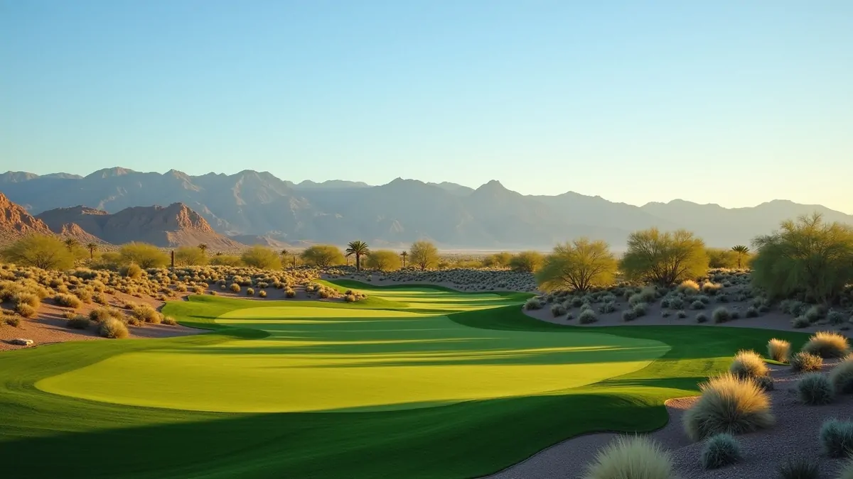 Empty golf fairway with desert plants and mountains at sunrise in Las Vegas