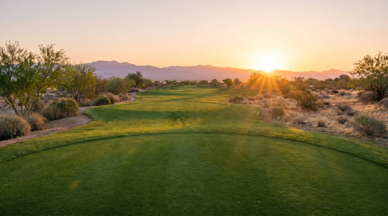 Empty golf fairway in the Las Vegas desert at sunrise with distant mountains