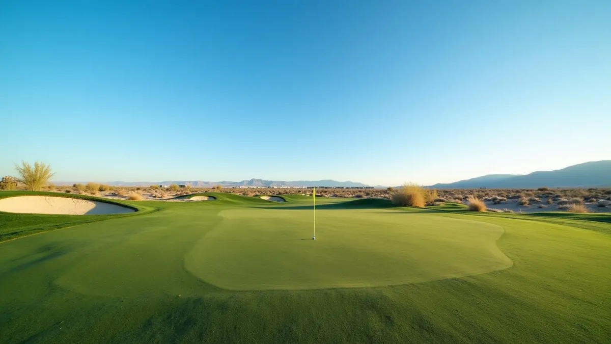 Empty golf fairway with sand bunker in Las Vegas desert, morning light.