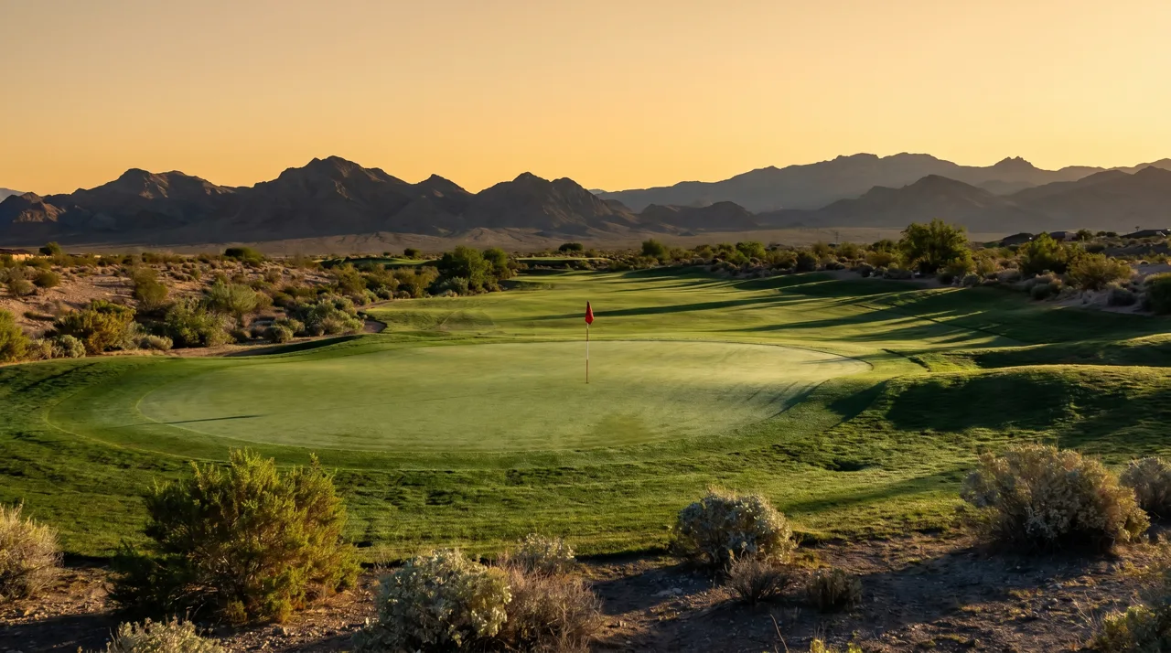Empty golf green with flagstick on a desert golf course at sunrise in Las Vegas