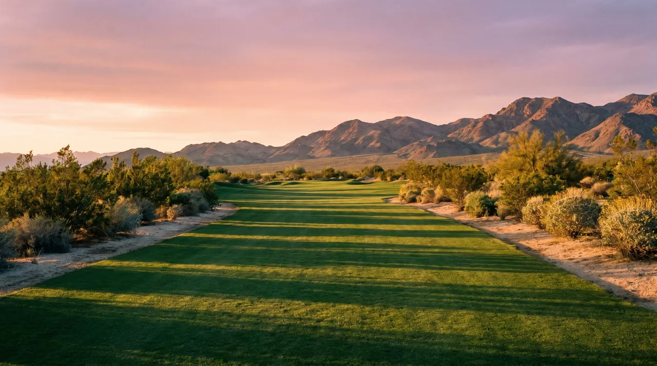 Empty golf fairway at sunset with distant desert mountains near Las Vegas
