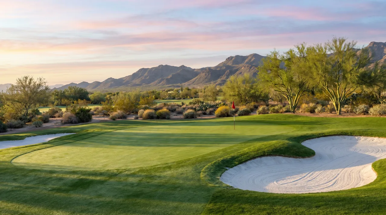 Empty manicured golf green with flagstick and white sand bunkers in the Las Vegas desert at morning