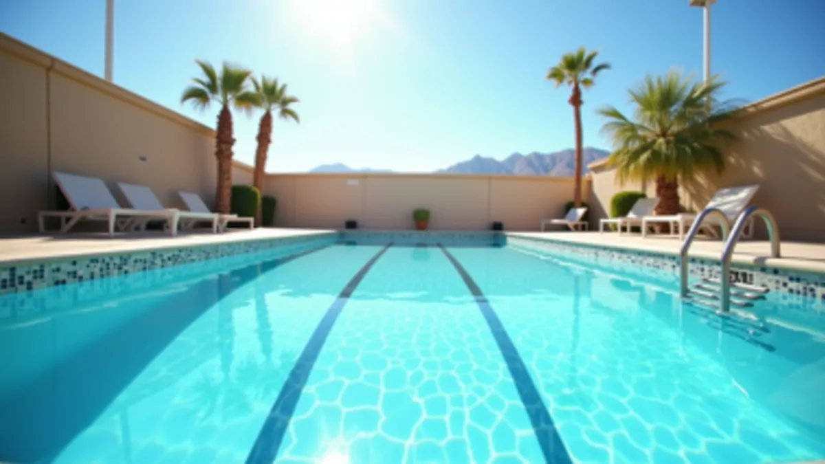Empty lap swimming pool outdoors in Las Vegas desert, wide shot