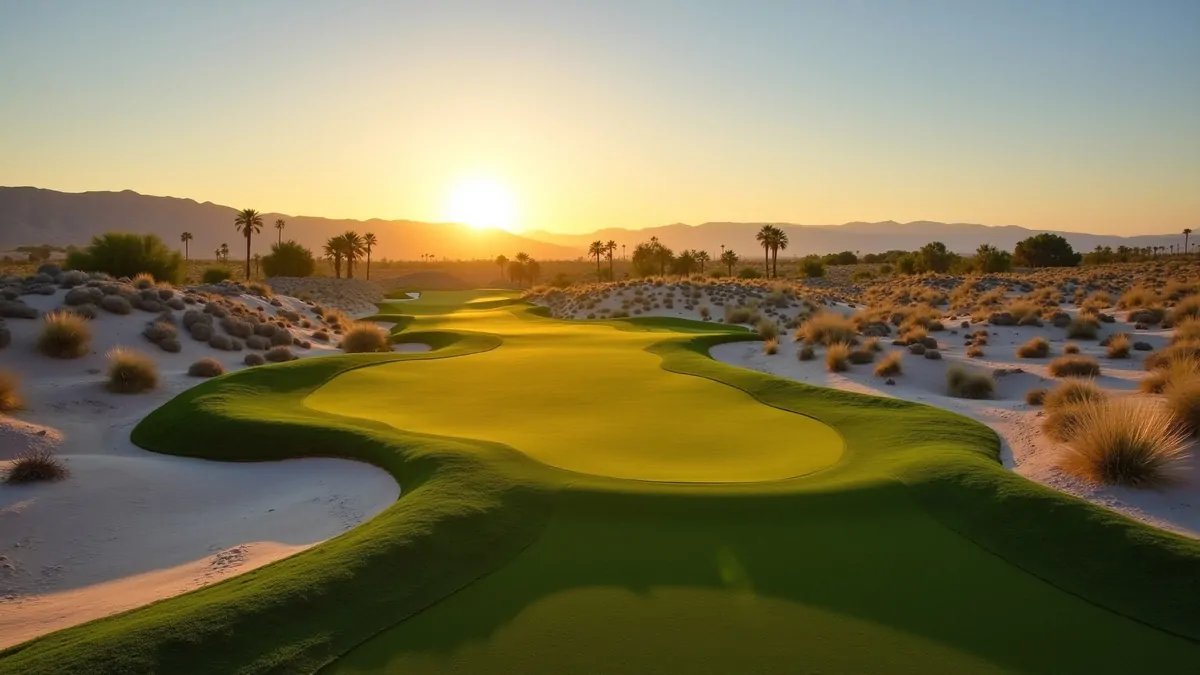 Empty Las Vegas desert golf course at sunrise with wide view and peaceful scenery