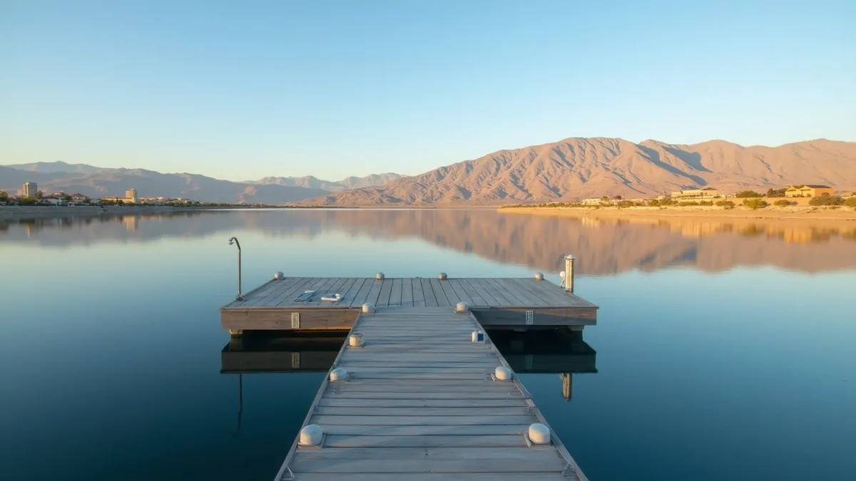 An empty marina dock on a calm lake with desert in the background.