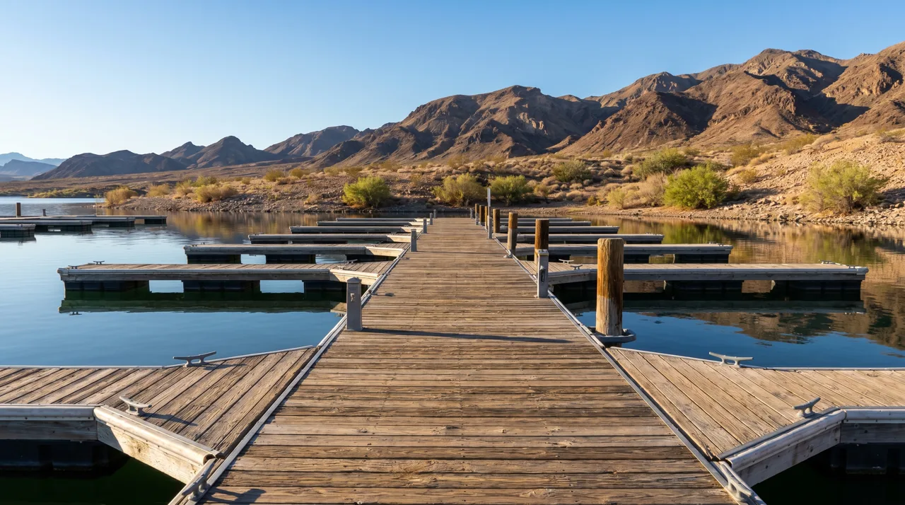 Empty wooden marina dock extending over calm lake water with desert mountains in the background