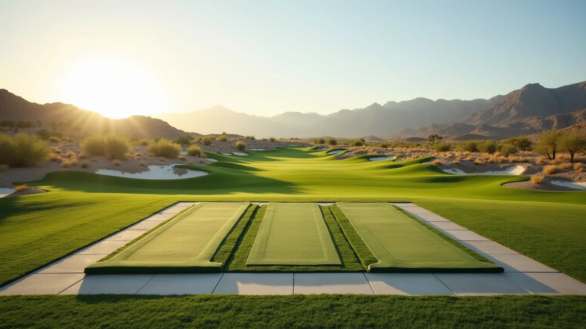Empty outdoor golf practice mats facing desert range in morning
