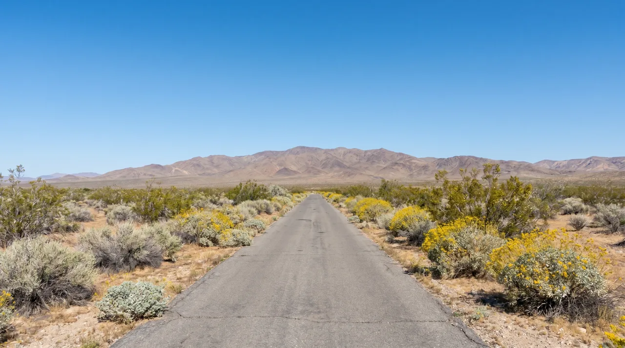 Empty paved recreational trail stretching through the Las Vegas desert with mountains in the distance