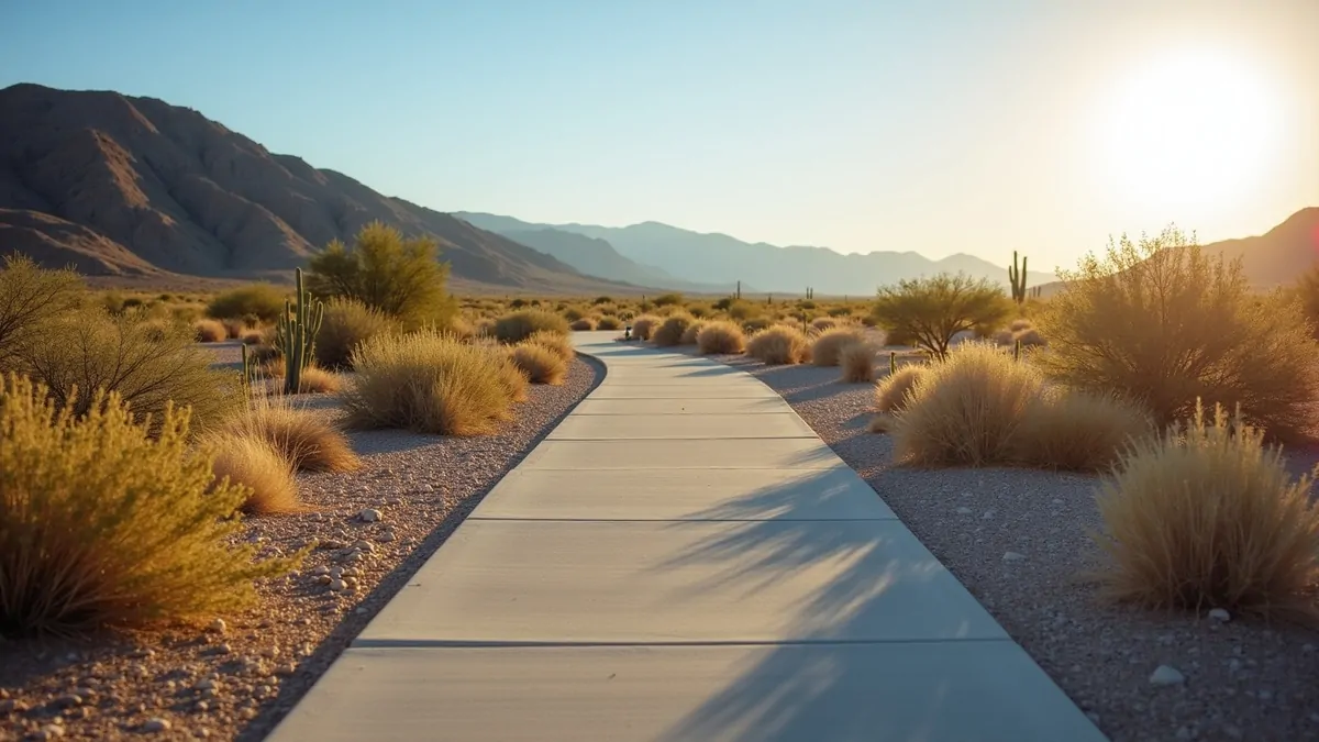 Empty paved trail stretching through the Las Vegas desert.