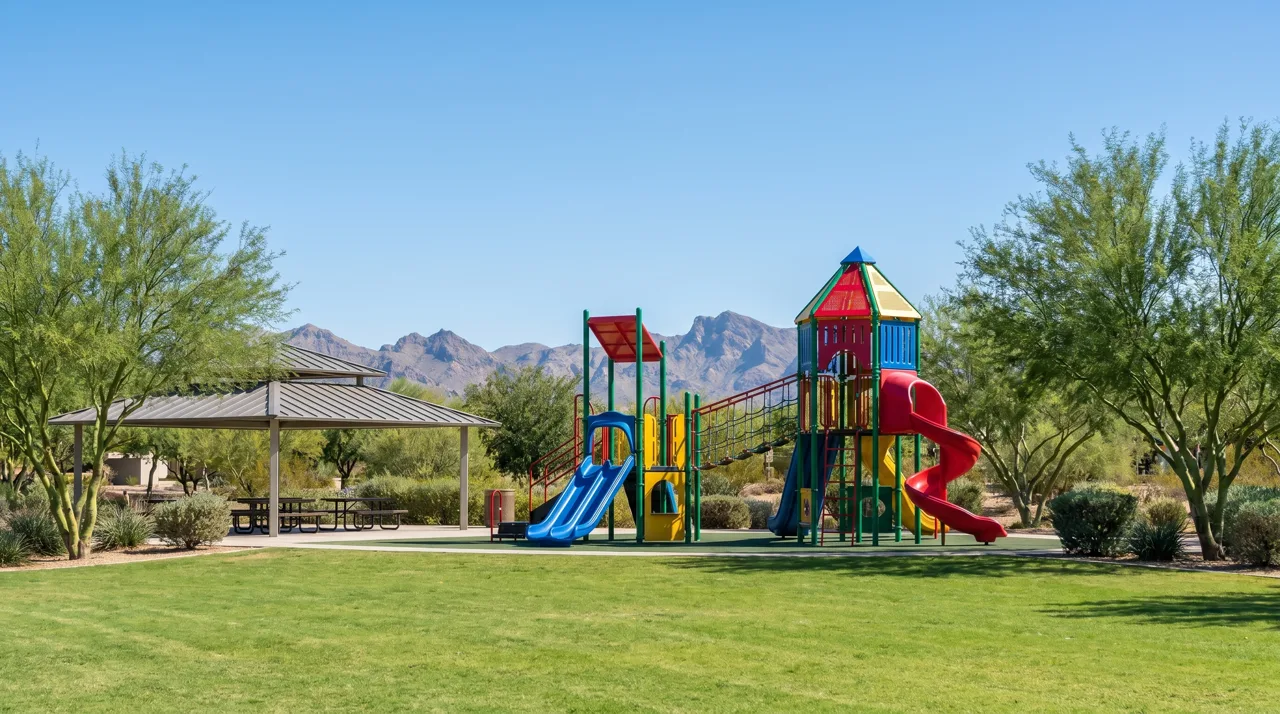 Empty colorful playground structure on a green lawn in a Northwest Las Vegas community park