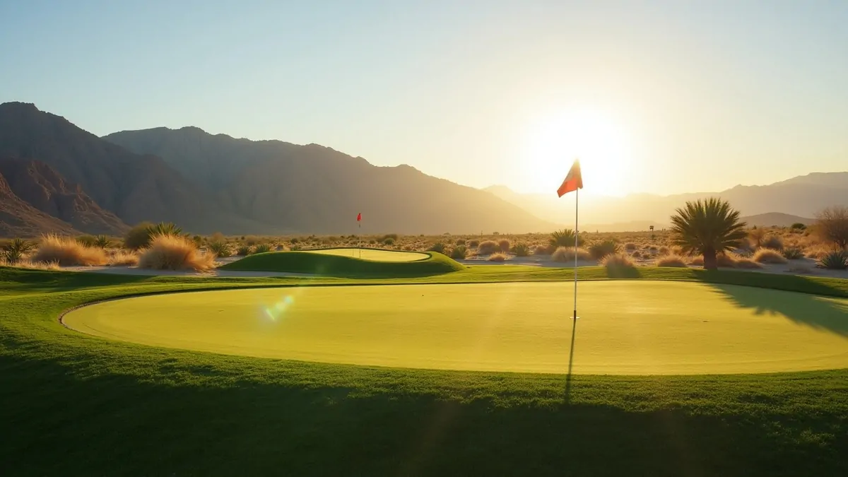 Empty putting green with flag in Las Vegas desert late afternoon