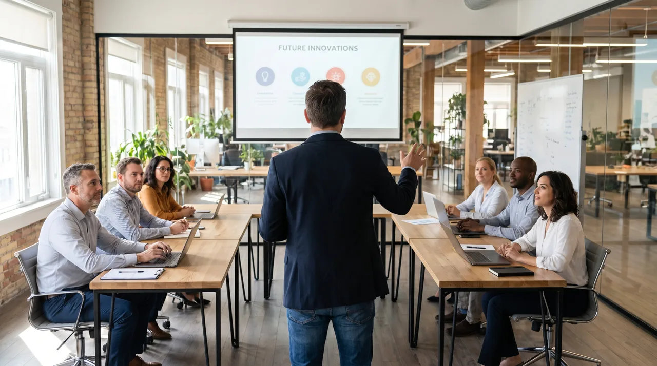 Entrepreneur presenting slides to a small audience in a bright modern startup incubator conference room