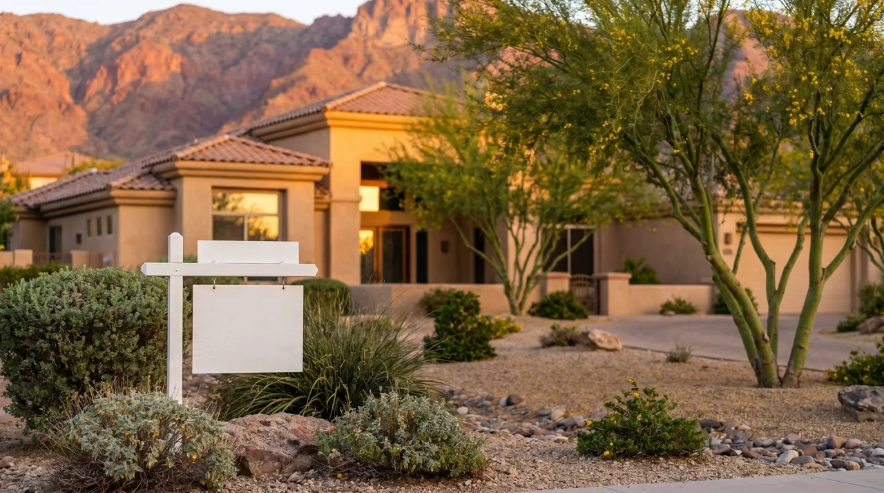Real estate for-sale sign in the foreground with a large luxury desert estate behind it at sunrise