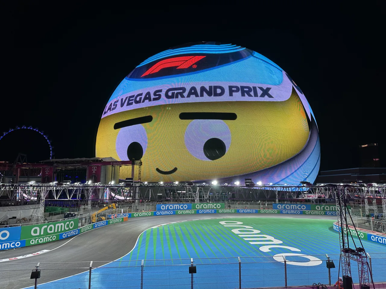 Formula 1 race car speeding down the Las Vegas Strip at night during the Las Vegas Grand Prix