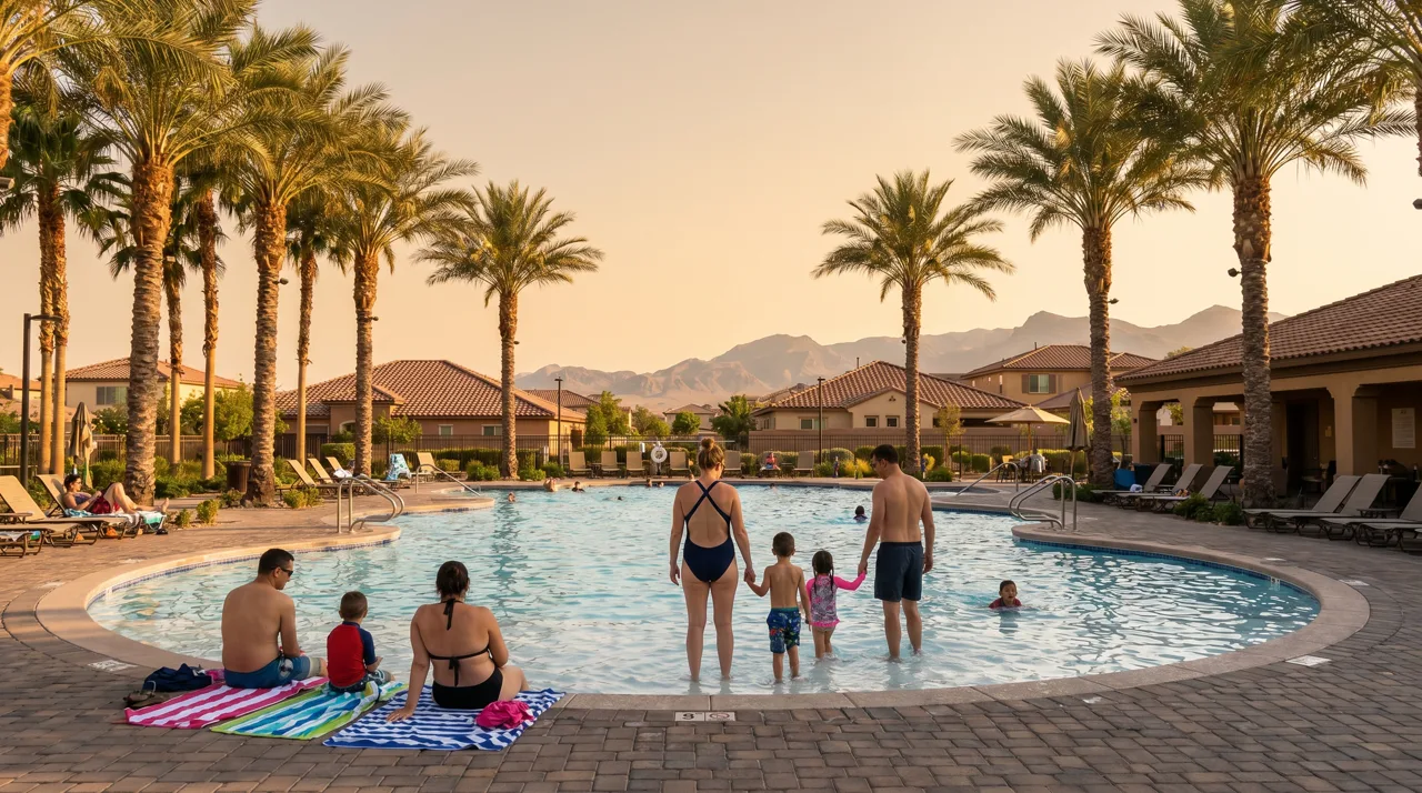 Families enjoying a community swimming pool with palm trees and a Las Vegas master-planned community in the background