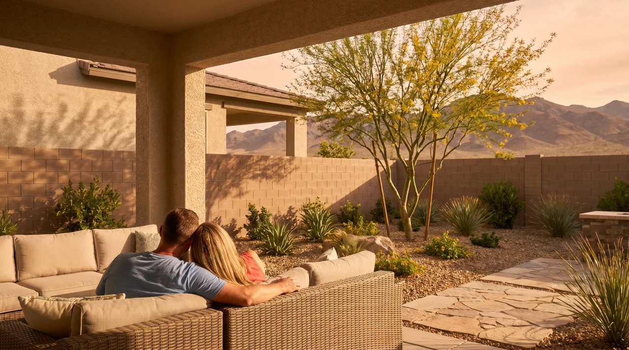 Family relaxing on the back patio of a modern Las Vegas home with mountain views