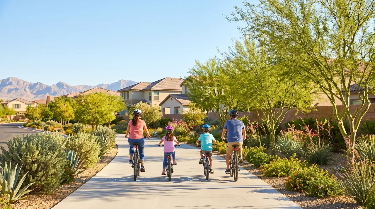 Family riding bikes along a paved trail through a Las Vegas suburban master-planned community