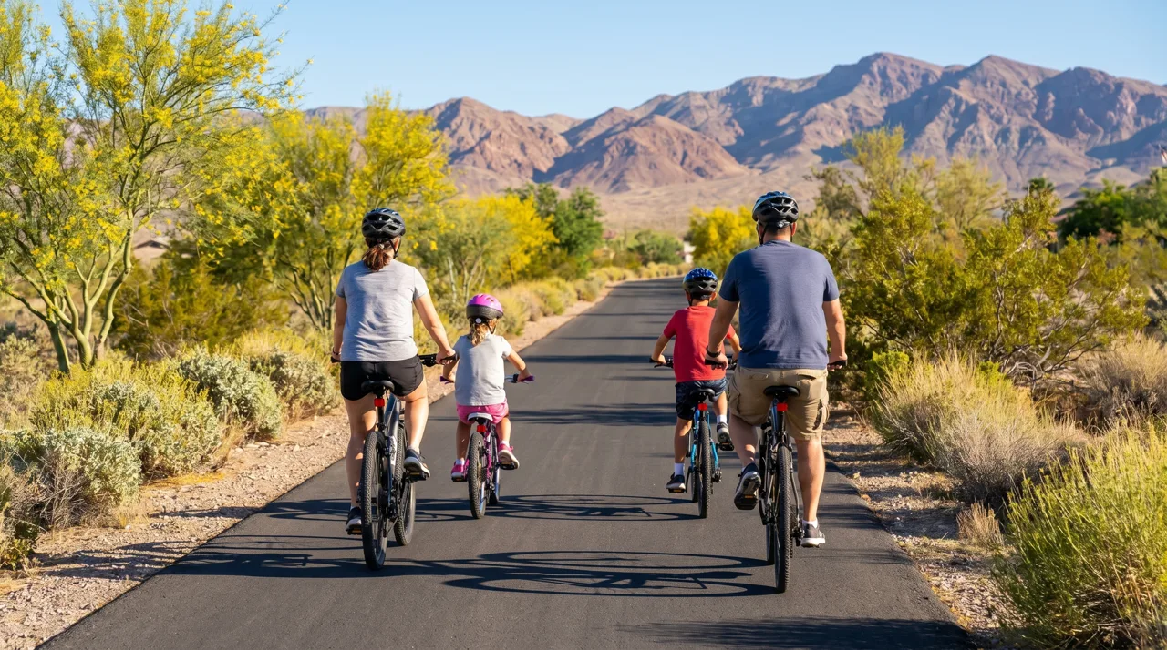 Family riding bikes along a paved trail in Henderson with mountains in the background