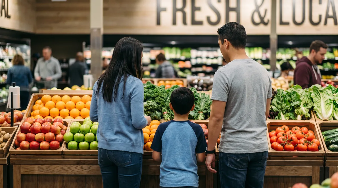 Family shopping in the produce section of a Las Vegas grocery store