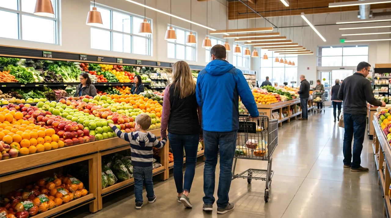 Family shopping in a bright supermarket produce section