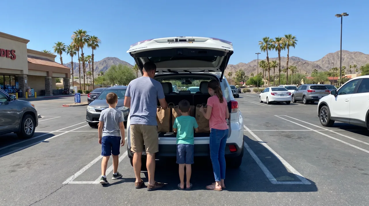 Family loading grocery bags into the back of an SUV at a suburban supermarket parking lot