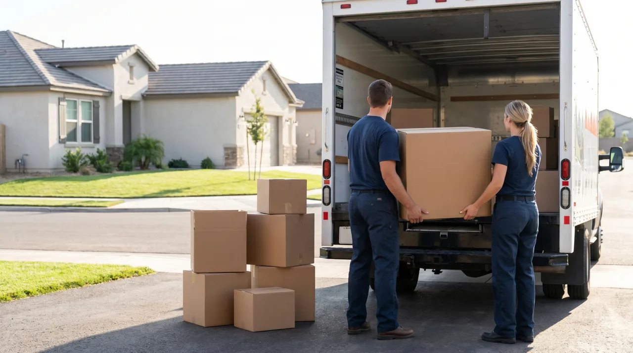 People loading moving boxes into a rental truck in a suburban driveway