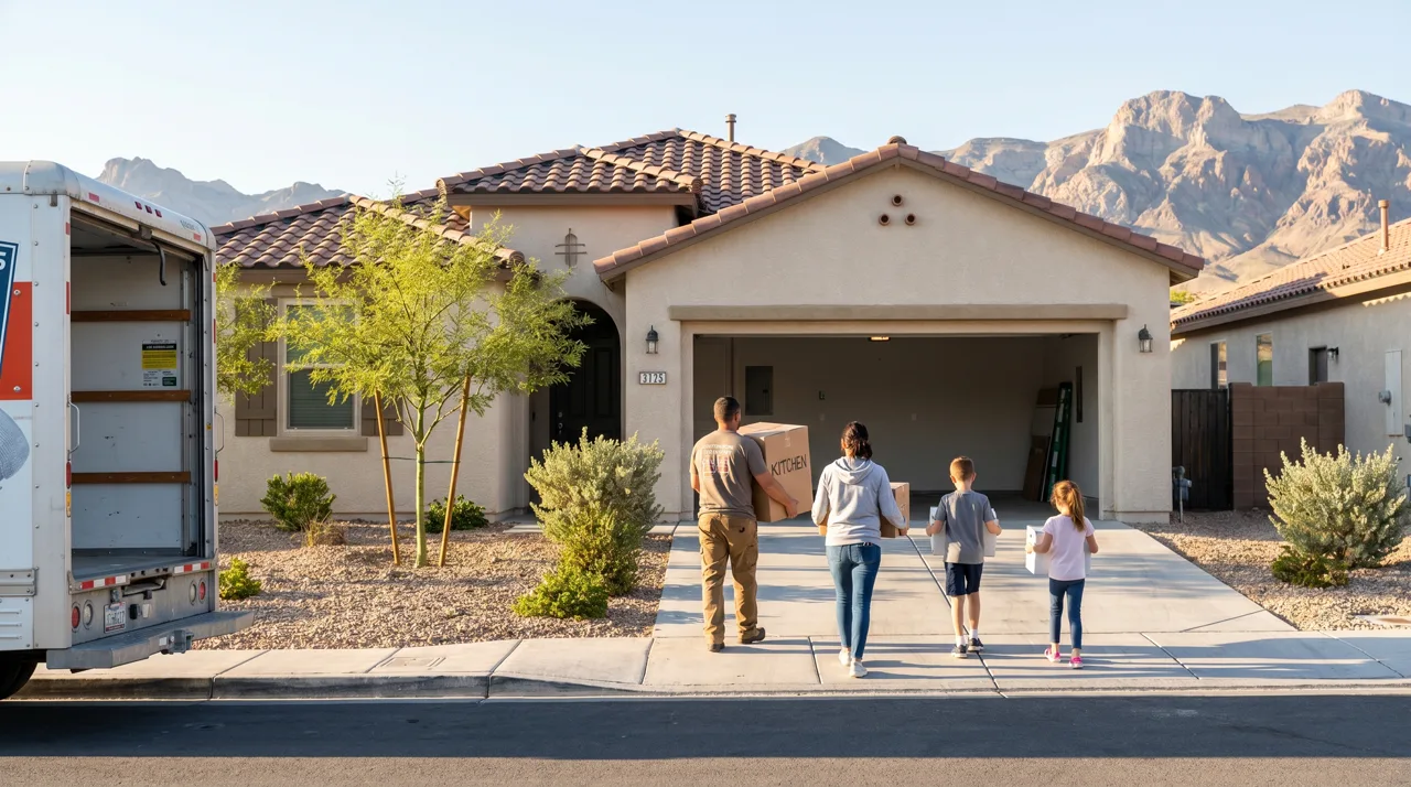 Family unloading cardboard moving boxes outside a single-family suburban home in Henderson Nevada