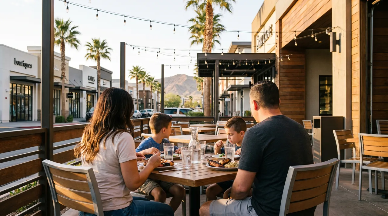 Family enjoying dinner together at an outdoor patio restaurant at golden hour