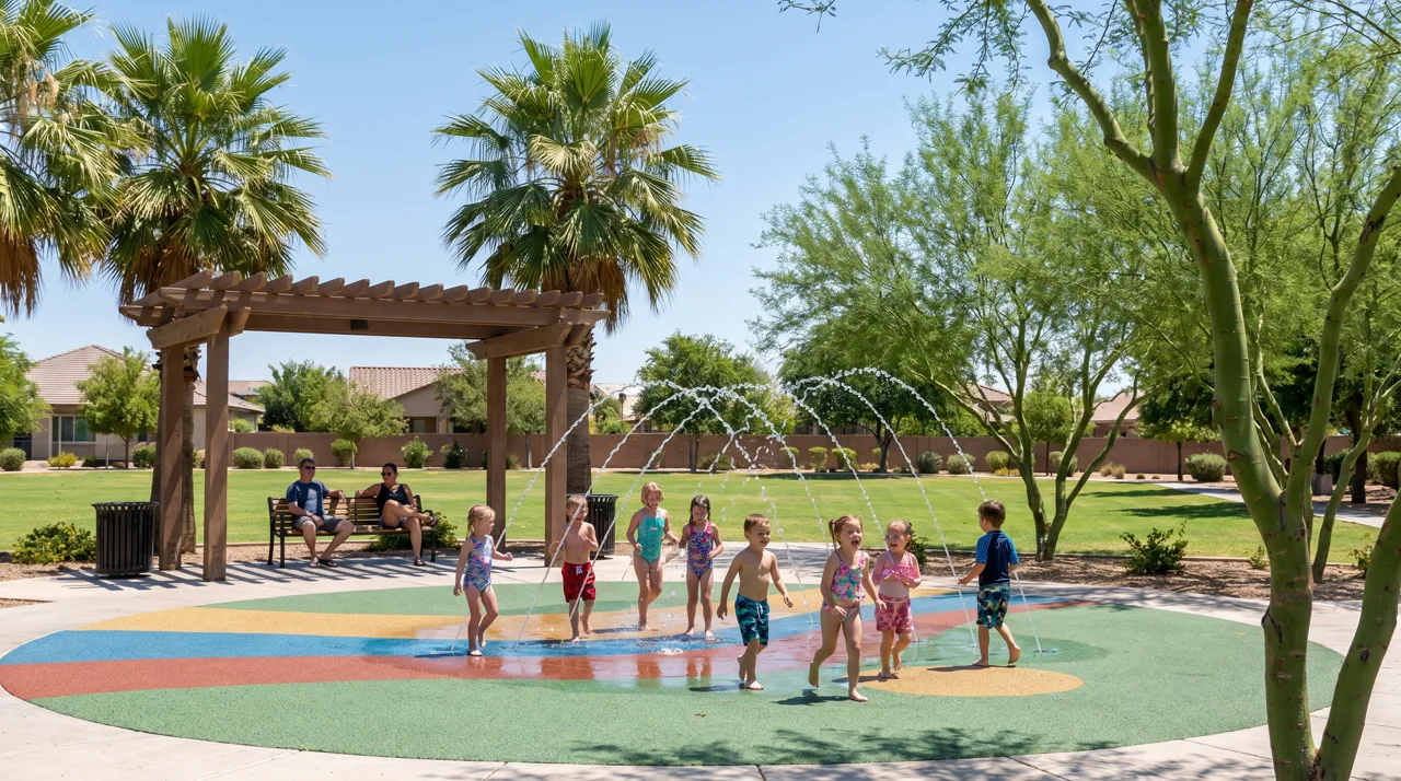 Children playing at a community park splash pad with palm trees and clear blue sky on a sunny day